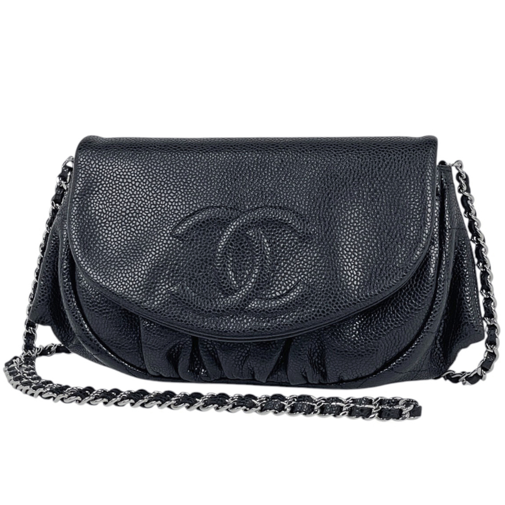 Chanel Chain Wallet, Coco Mark, Half Moon, Caviar Leather, Black, A40033, Wom...